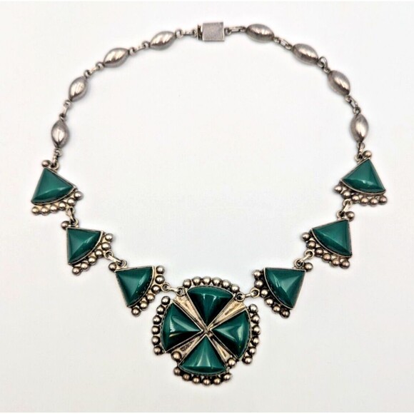 Vintage Sterling Silver 925 Green Onyx Cabochon Mexican Statement Necklace